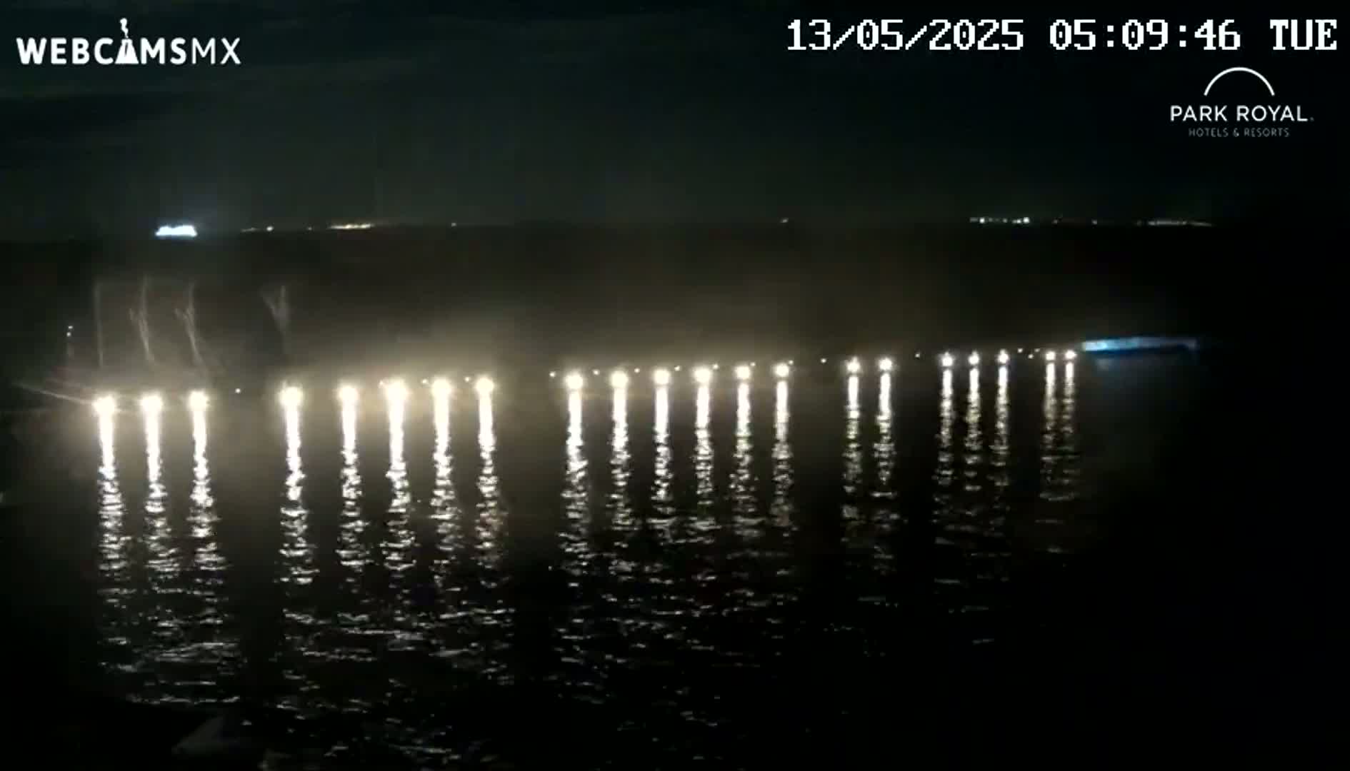 A line of bright lights reflects on dark water at night.