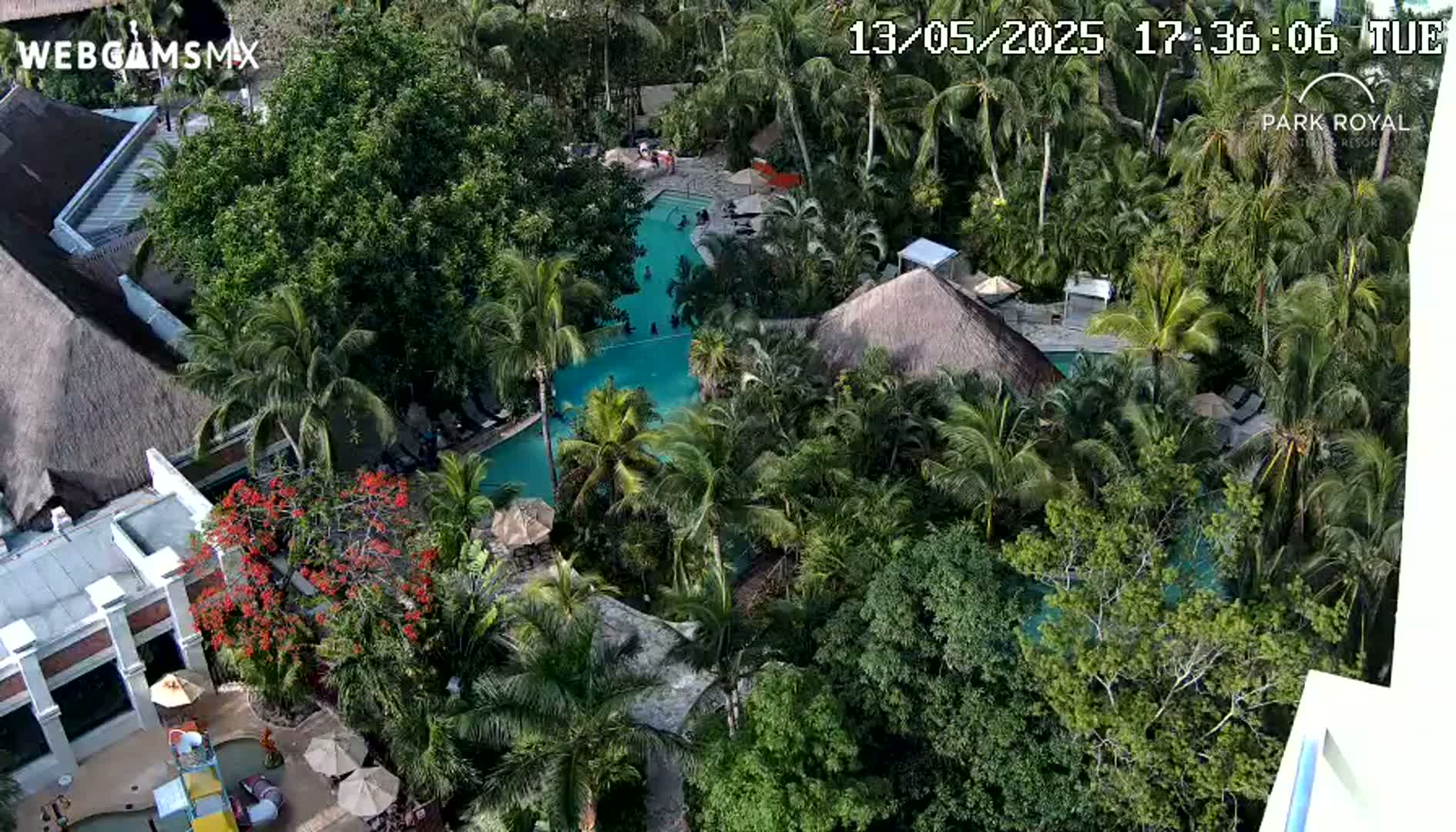 An aerial view shows a resort with multiple pools nestled within lush tropical foliage under a sunny sky.