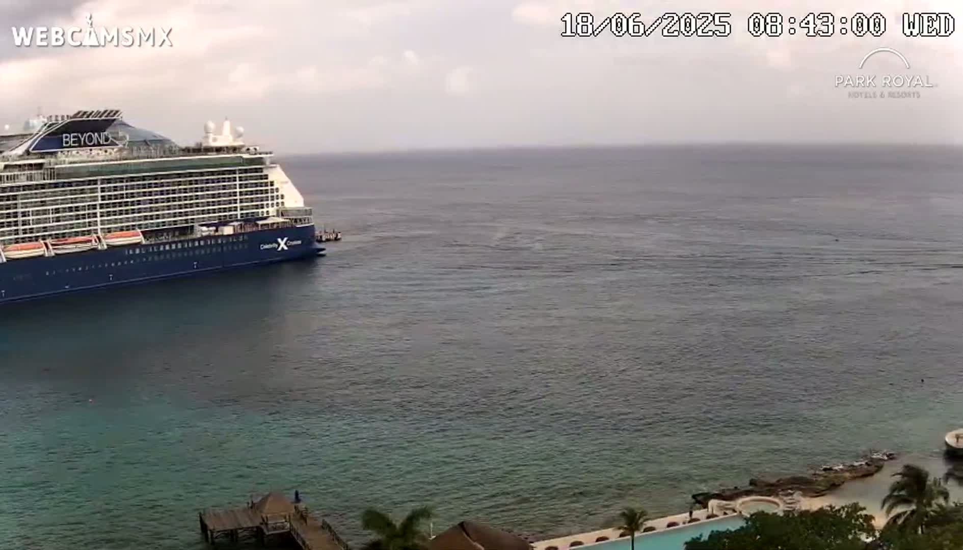A large cruise ship is docked at a port on a partly cloudy day, with calm ocean waters extending to the horizon.
