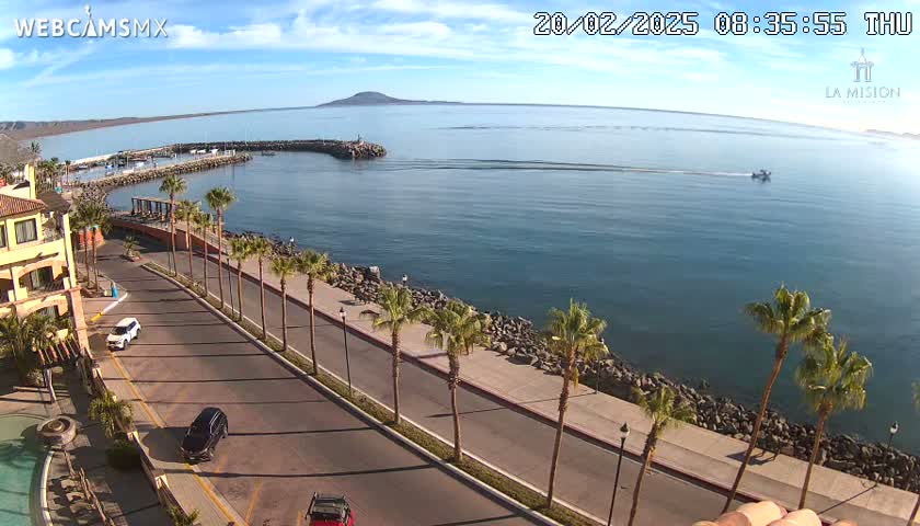 A coastal road lined with palm trees runs alongside a calm, blue ocean with a small harbor and a distant mountain visible under a mostly sunny sky.