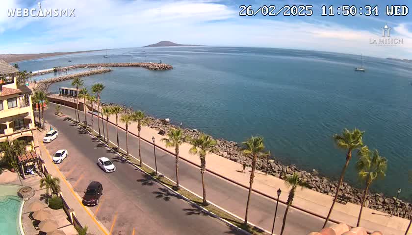 A sunny day overlooking a calm bay with a coastal road lined with palm trees, cars parked along the roadside, and a distant mountain in the background.