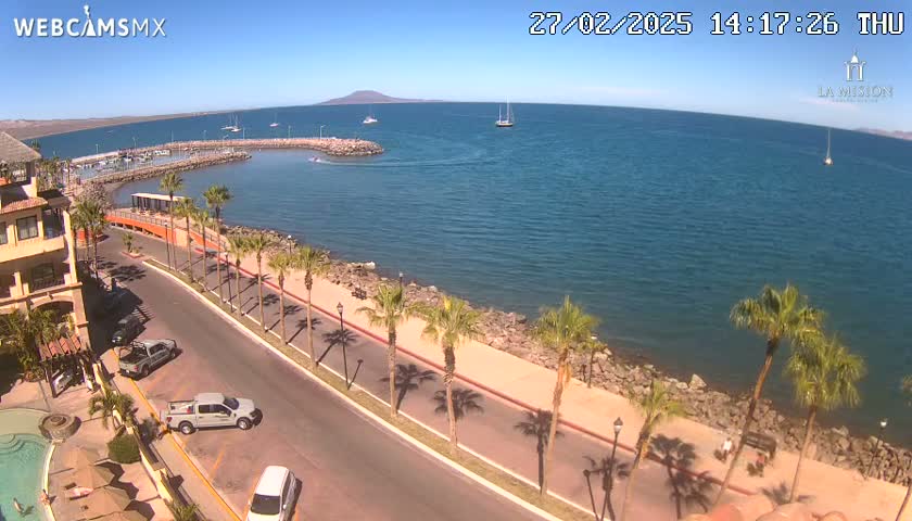 A sunny seaside town scene shows a calm blue bay with boats, a paved road lined with palm trees leading to a marina, and buildings along the waterfront.