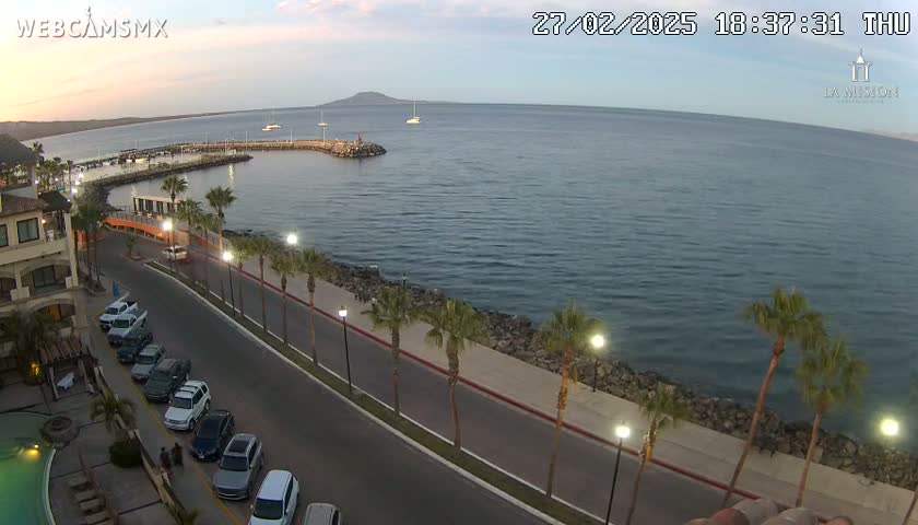 A seaside town at dusk, with palm trees lining a paved road next to a calm bay, and several cars parked along the street.
