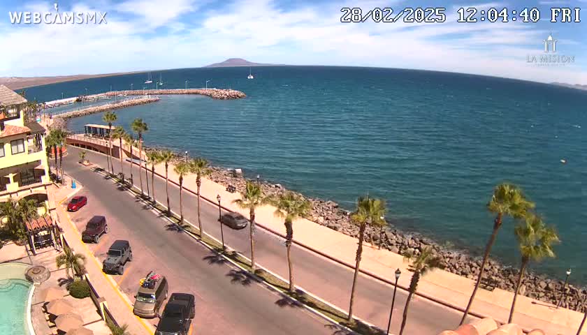 A seaside road lined with palm trees curves along a rocky shoreline next to a calm, blue ocean under a mostly sunny sky.