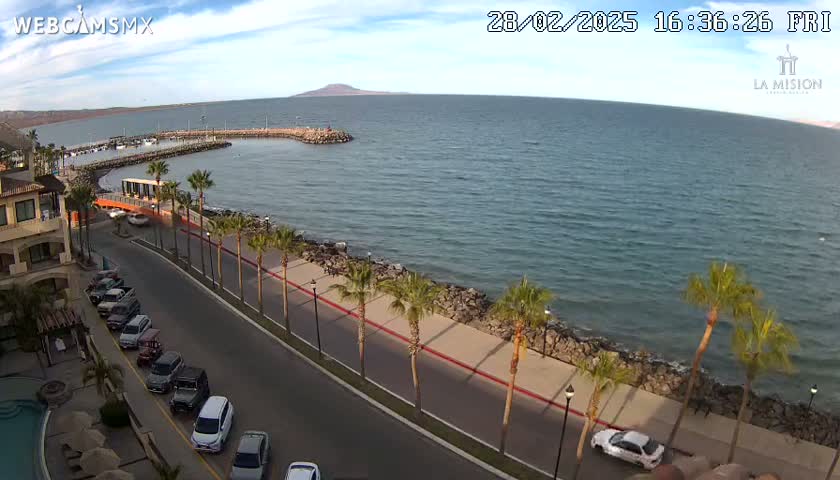A seaside road lined with palm trees curves alongside a calm ocean with a small harbor and distant mountains under a partly cloudy sky.