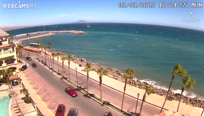 A coastal road with palm trees lines a sandy beach next to a calm, blue ocean under a sunny sky.
