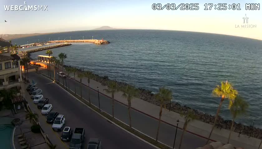 A seaside road with parked cars runs alongside a calm ocean, under a clear, twilight sky, with palm trees lining the walkway.