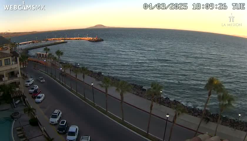 A coastal road lined with palm trees curves along a calm ocean at sunset, with parked cars visible and a small harbor in the distance.