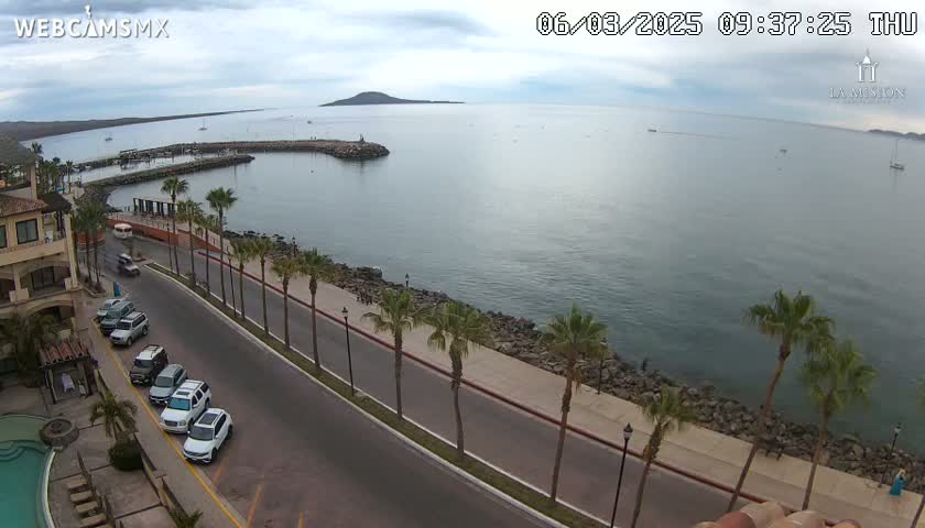 An overcast day shows a seaside town with palm trees lining a paved road next to a calm ocean and a small island in the distance.