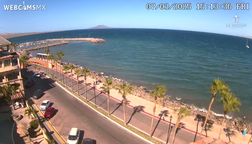 A sunny coastal scene shows a calm ocean, a paved road lined with palm trees, and parked cars near oceanfront buildings.