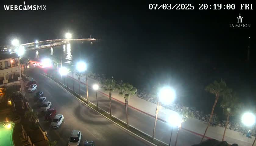 A nighttime, brightly lit seaside street scene shows parked cars along a curb next to palm trees, with a body of water and a pier visible in the distance.
