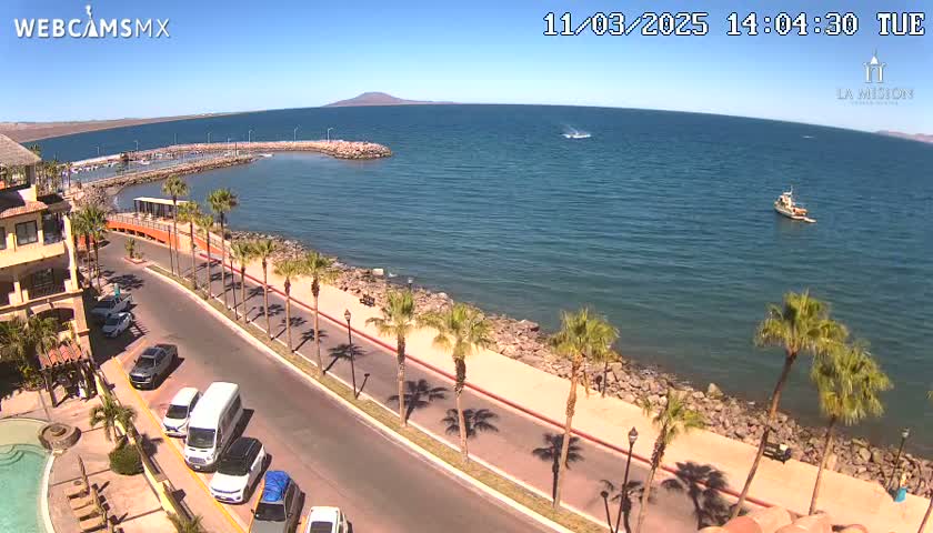 A sunny coastal scene shows a calm body of water with a small boat, a paved walkway lined with palm trees next to a road with parked cars, and a building with a pool in the foreground.