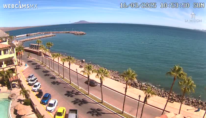 A sunny day shows a coastal road lined with palm trees, parked cars, and a calm ocean with a distant mountain in the background.