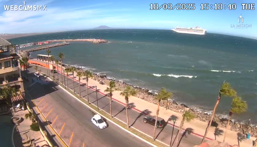 A cruise ship is visible on a windy ocean, near a coastal road lined with palm trees and buildings.