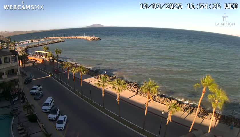 A coastal road lined with palm trees overlooks a calm ocean with a small harbor and distant mountains under a clear blue sky.