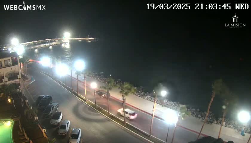 A nighttime, overhead view of a coastal road with cars parked and driving along a waterfront, next to a calm body of water under a dark sky.