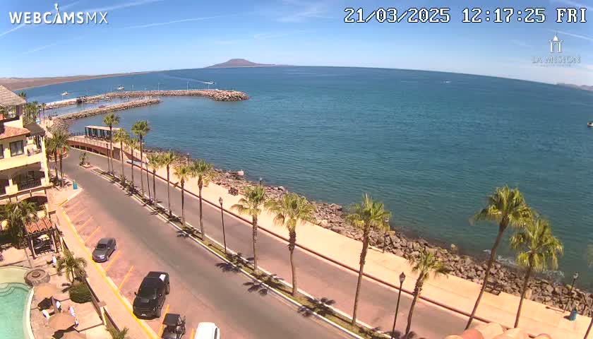 An aerial view shows a coastal road lined with palm trees beside a calm, blue ocean under a sunny sky.
