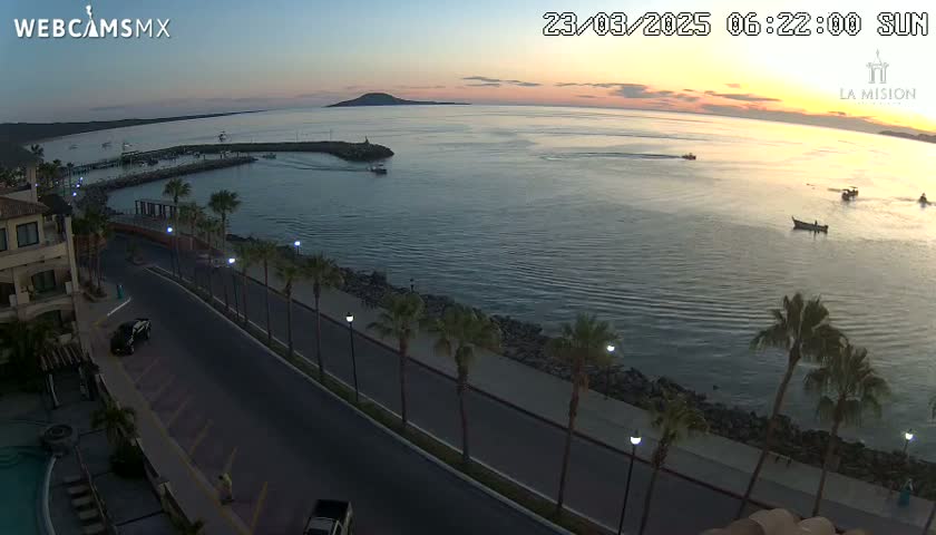 A calm bay at sunset is viewed from an elevated position, showing a paved road lined with palm trees leading to a harbor with several small boats.