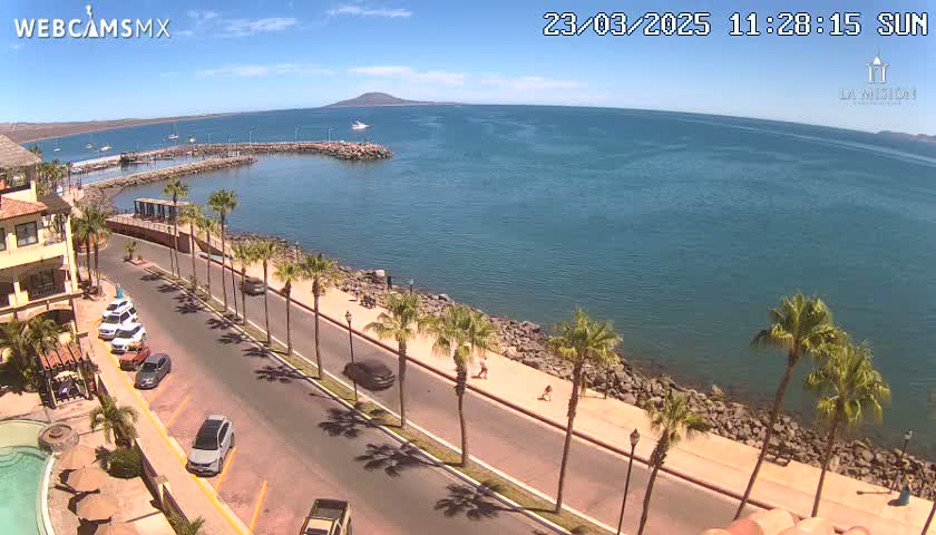 A sunny day overlooking a calm bay with a paved road lined with palm trees next to a rocky shoreline, and cars parked along the road.