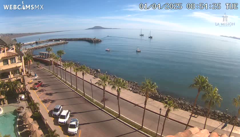 A sunny coastal scene shows a calm ocean with a few boats, a paved road lined with palm trees bordering the water, and several cars parked along the roadside near a building.