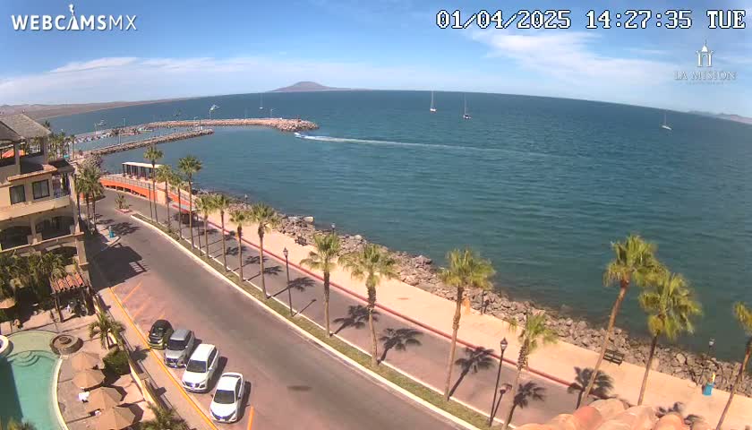 A sunny, seaside view shows a calm ocean with several boats, a paved walkway lined with palm trees, a road with parked cars, and a resort-style building in the foreground.