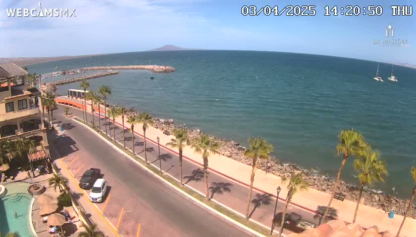 A seaside road lined with palm trees curves along a rocky shoreline next to a calm, blue ocean under a sunny sky.