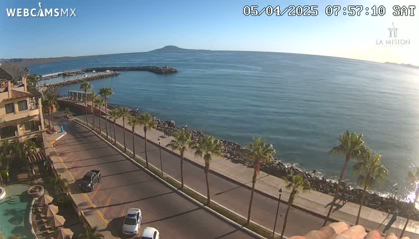 A sunny coastal scene shows a calm ocean, a paved road lined with palm trees, and a resort with a pool overlooking the water.