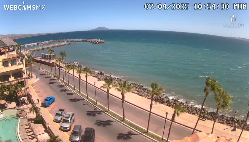 A coastal road lined with palm trees runs alongside a calm, turquoise ocean under a clear, sunny sky.