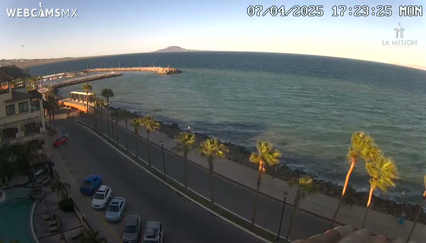 A calm ocean with a distant island is visible from an elevated viewpoint overlooking a coastal road lined with palm trees, cars parked along the side of the road, and a building with a swimming pool.