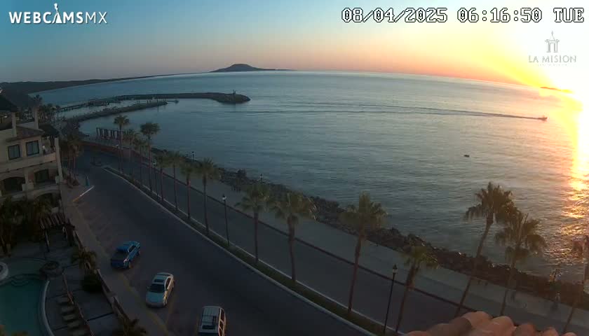 An elevated view of a calm ocean at sunset, with a coastal road lined with palm trees and a few cars visible.