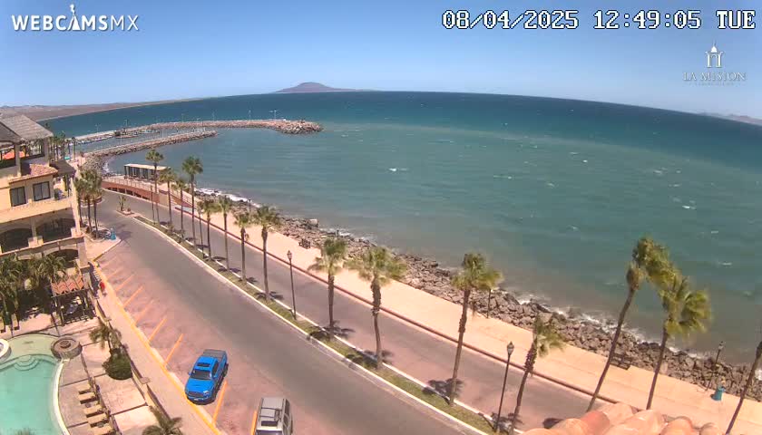A sunny coastal scene shows a calm ocean with a small marina, a paved road lined with palm trees, and a resort with a pool.