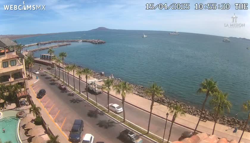 A sunny day overlooking a calm bay with boats, a coastal road lined with palm trees, and a resort with a pool.