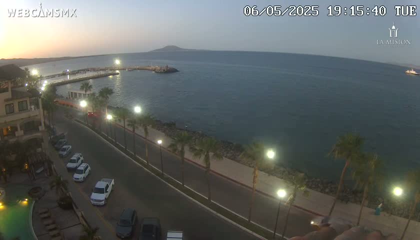 A seaside road lined with palm trees curves past a parking lot and a building next to a calm body of water under a twilight sky.