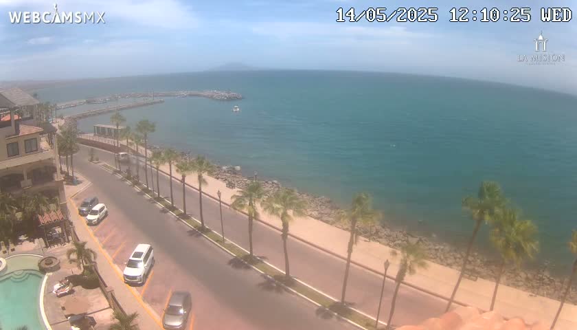 A sunny day overlooking a calm ocean, a paved road lined with palm trees, and a small marina with parked cars.