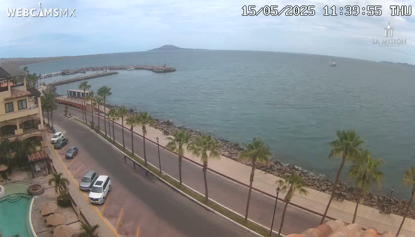 A partly cloudy day overlooks a calm ocean harbor with palm trees lining a paved road next to a resort with a pool.