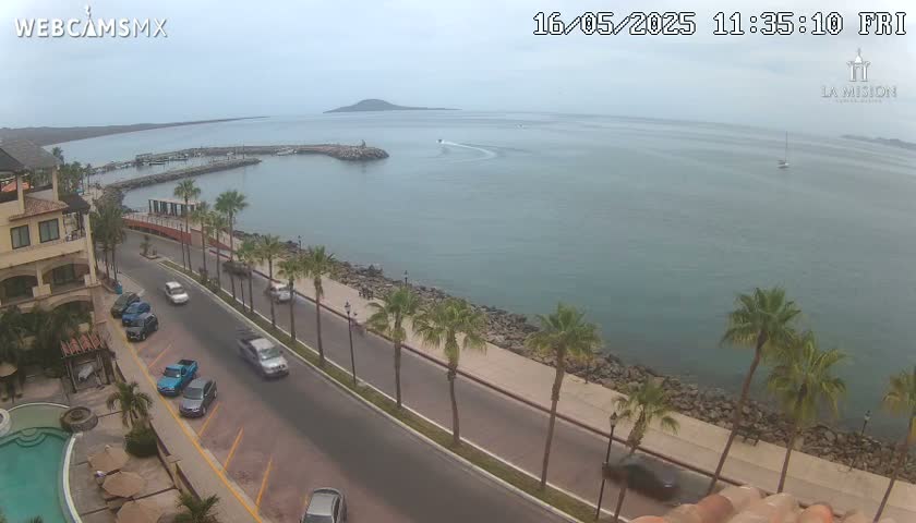 A coastal road lined with palm trees curves along a calm body of water under an overcast sky, with several cars visible on the road and a small island in the distance.