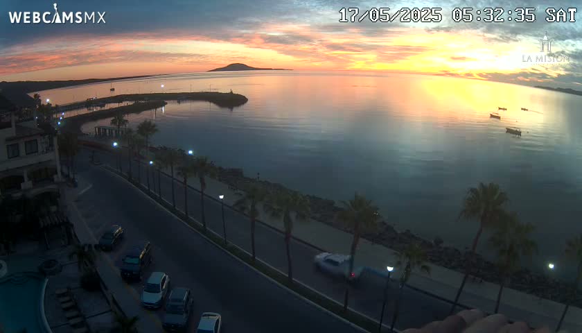 A coastal town at sunset, with calm waters, palm trees lining a paved road, and several cars parked along the roadside.