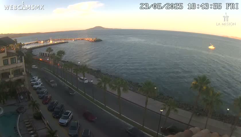 A coastal road lined with palm trees overlooks a calm bay at sunset, with a small island visible in the distance and cars parked along the roadside.