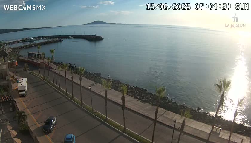 A calm, sunny day overlooks a coastal road lined with palm trees, a small marina, and a distant island.