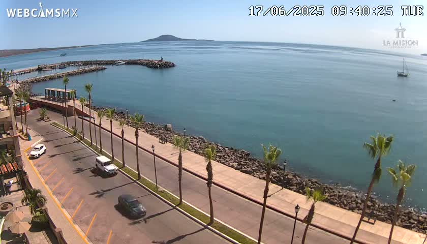 A coastal road with palm trees lines a calm, blue bay under a sunny sky, with a small island visible in the distance.