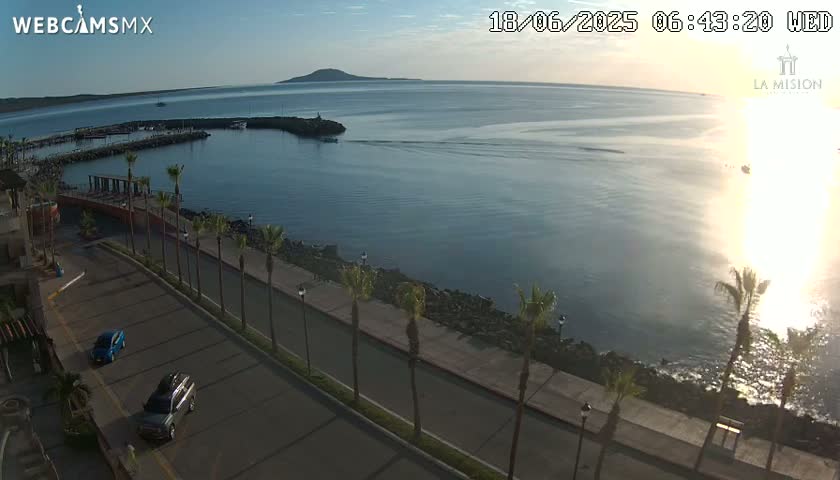 A sunny morning view overlooking a calm bay with palm trees lining a paved road next to a marina, a small island visible in the distance.