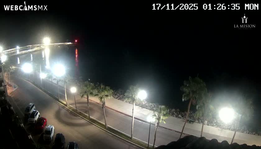 A clear night view reveals a brightly illuminated pier extending into dark waters, bordered by a coastal road with streetlights, palm trees, and parked cars.