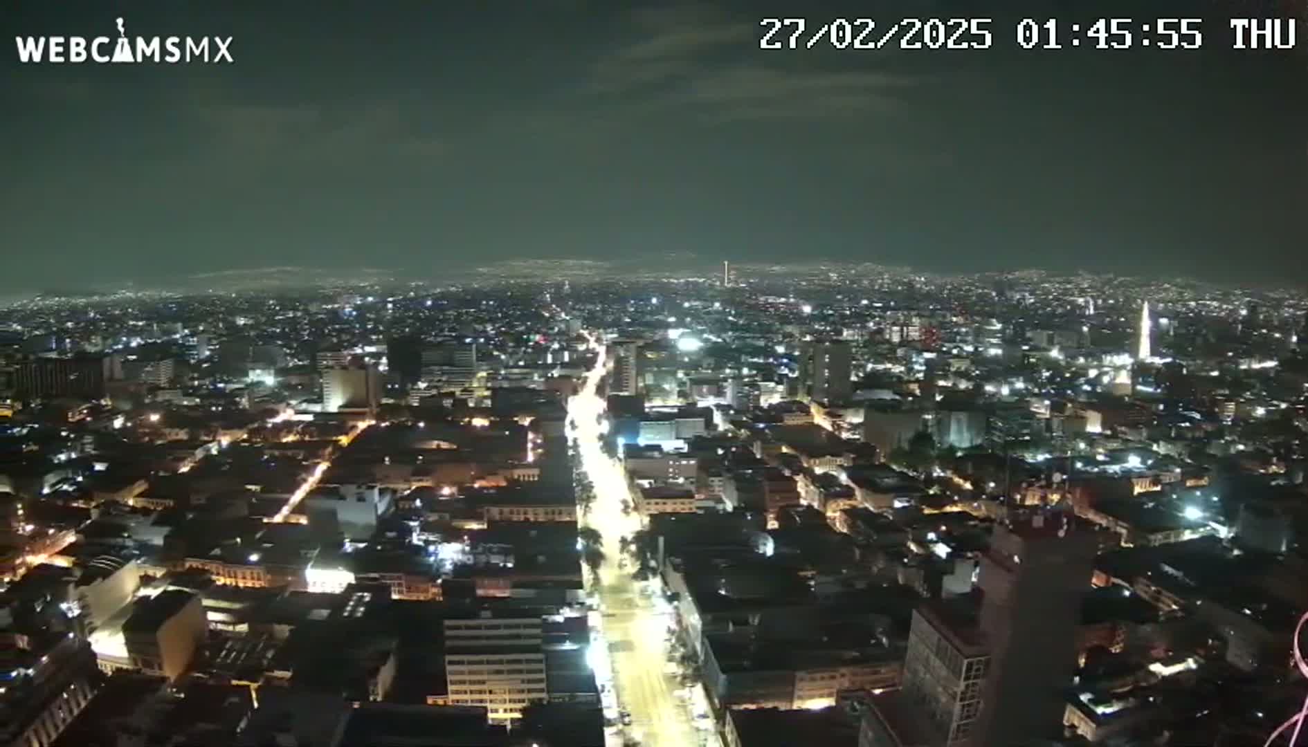 A nighttime, high-angle view of a sprawling city with illuminated streets and buildings under a mostly clear sky.