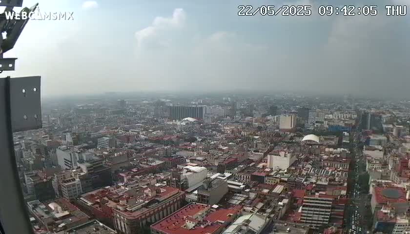 A hazy, overcast day reveals a sprawling cityscape viewed from a high vantage point.