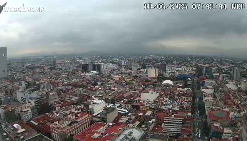 An expansive view of a dense city under a cloudy, overcast sky.