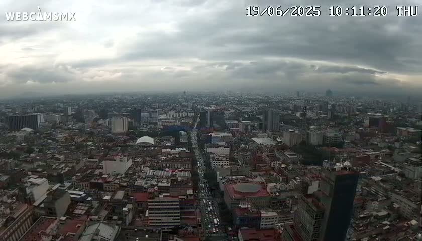 A sprawling cityscape is visible under a cloudy, overcast sky.