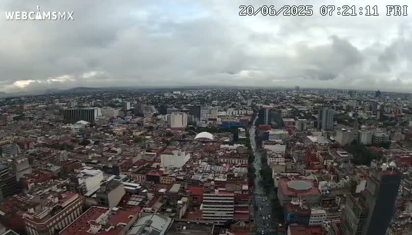 A high-angle view of a sprawling city under a cloudy sky shows a dense cityscape with many buildings and streets.