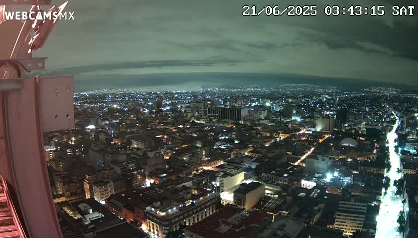 A nighttime view of a sprawling city illuminated by countless lights under a cloudy sky.