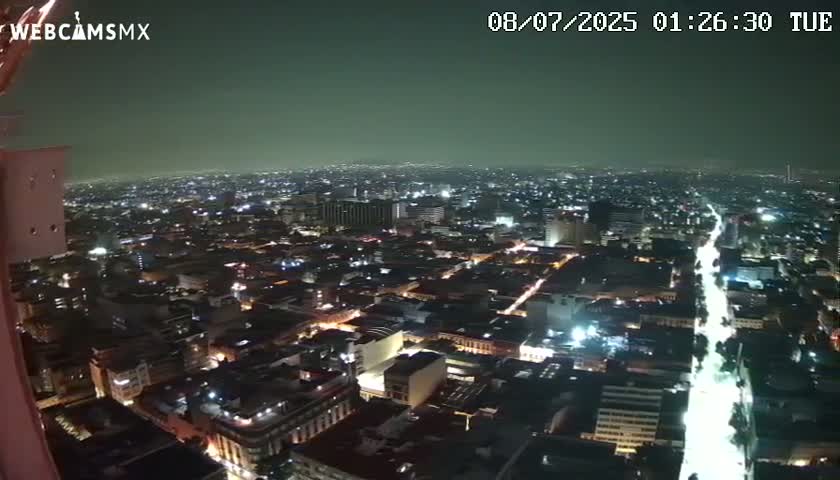 A nighttime, aerial view of a sprawling city with dimly lit streets and buildings under a hazy sky.