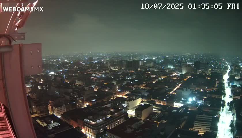 A nighttime, hazy view from a tall structure overlooking a sprawling city illuminated by streetlights.
